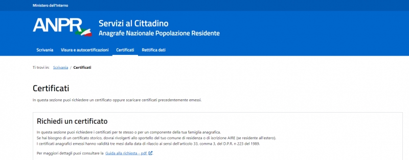 Certificati  Anagrafici online